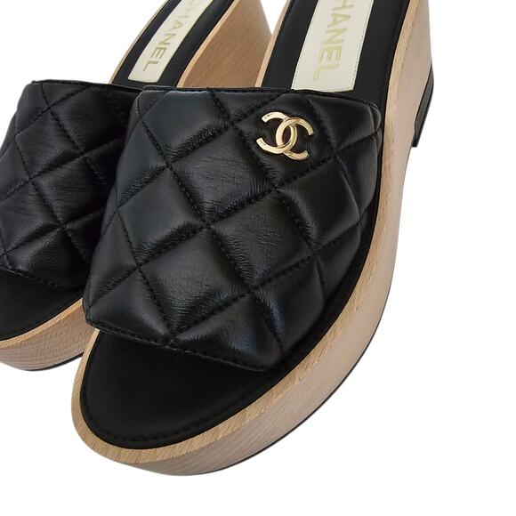 Chanel CC Wood Platform Sandal Slide Mule Size 39 US 8 8.5 Quilted Black Leather - Picture 5 of 15